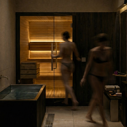 Two people entering a dimly lit sauna room with wooden interior.