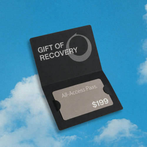 Gift card with 'Gift of Recovery' branding against a blue sky background